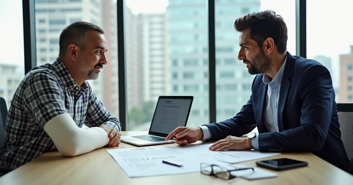Trabalhador com braço enfaixado recebendo orientação de advogado sobre auxílio-acidente