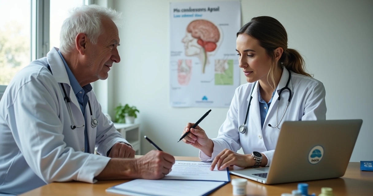 Idoso com Mal de Parkinson em consulta médica preparando documentos do INSS