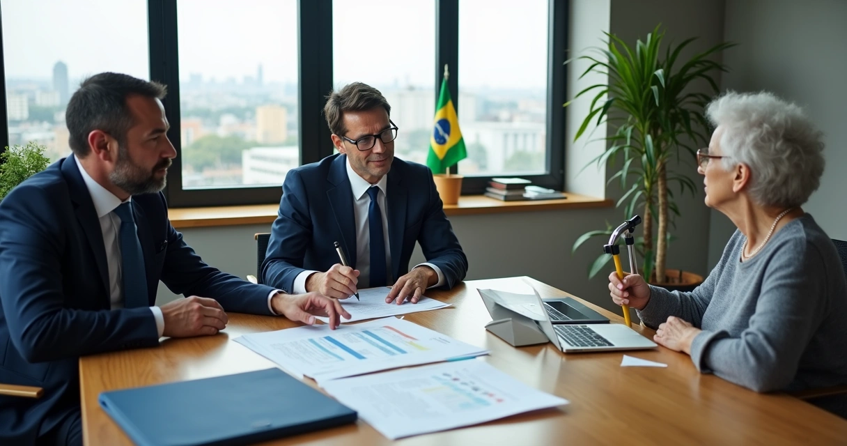 Advogado previdenciário mostra documentos do INSS a trabalhador e idosa em reunião