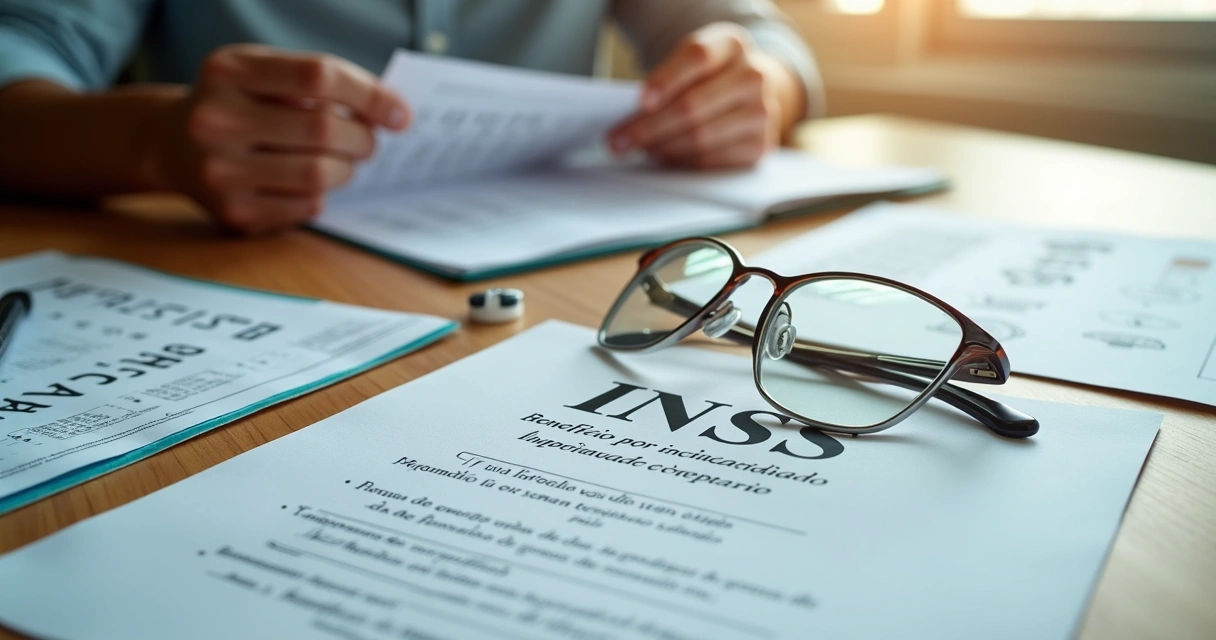 Pessoa lendo documento sobre INSS com óculos ao lado de exame de vista