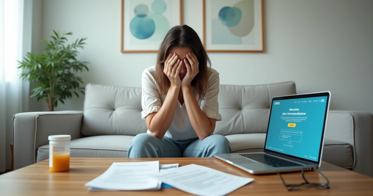 Mulher sente crise de pânico em sala clara ao lado de notebook aberto no site Meu INSS