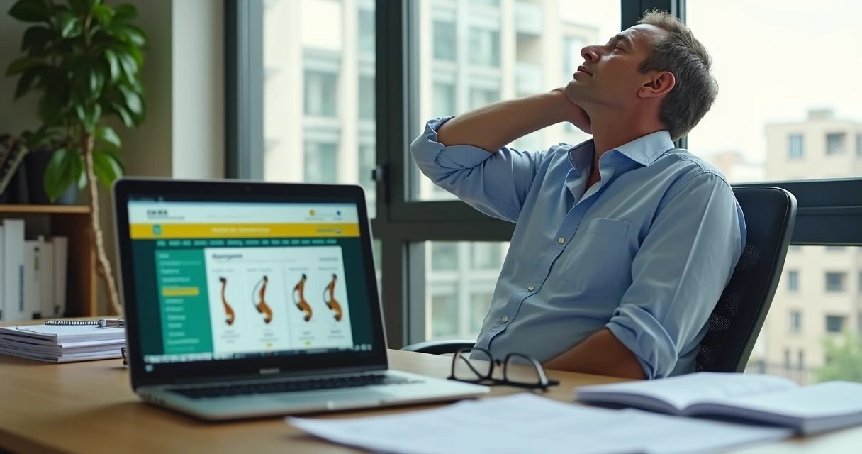 Homem segura o pescoço com dor intensa em mesa de trabalho com documentos do INSS