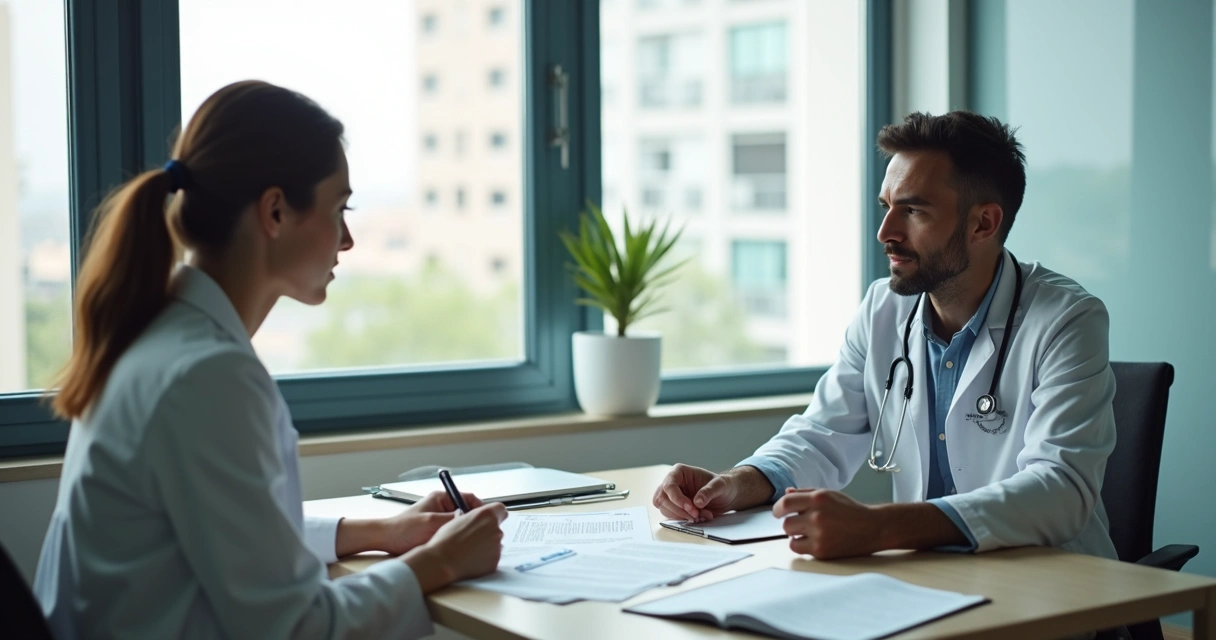 Homem em consulta com médica avaliando documentação para aposentadoria por invalidez por esquizofrenia