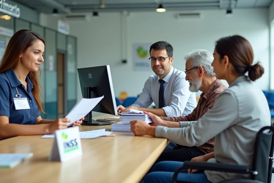 Atendente do INSS orientando segurado com documentos na agência