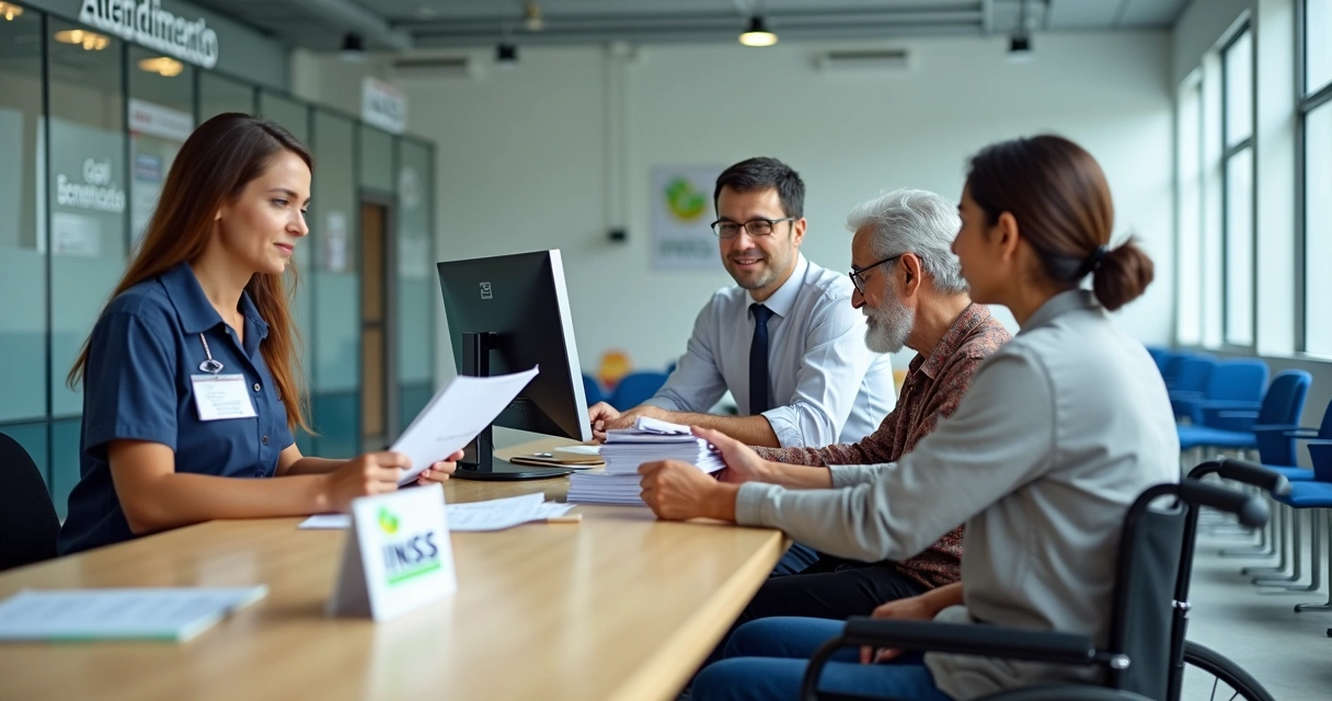 Atendente do INSS orientando segurado com documentos na agência