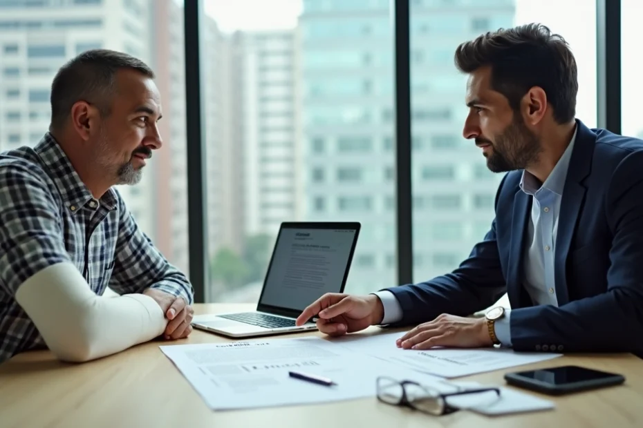 Trabalhador com braço enfaixado recebendo orientação de advogado sobre auxílio-acidente