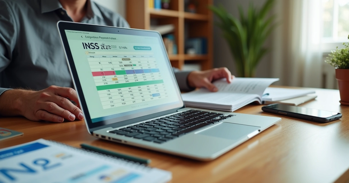 Pessoa consultando calendário de pagamentos do INSS 2026 em laptop com documentos e cartão de benefício na mesa