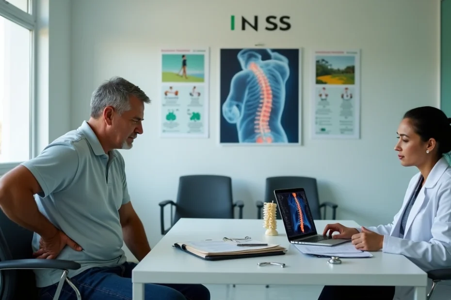 Trabalhador segurando a lombar com dor diante de perito do INSS