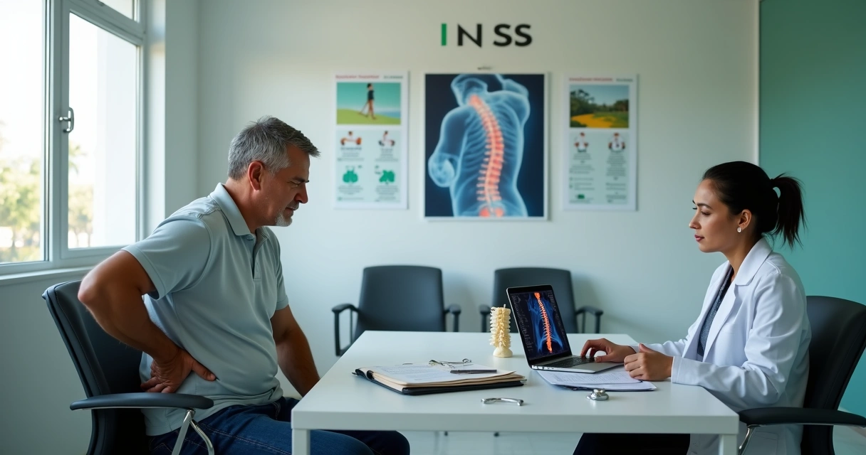 Trabalhador segurando a lombar com dor diante de perito do INSS