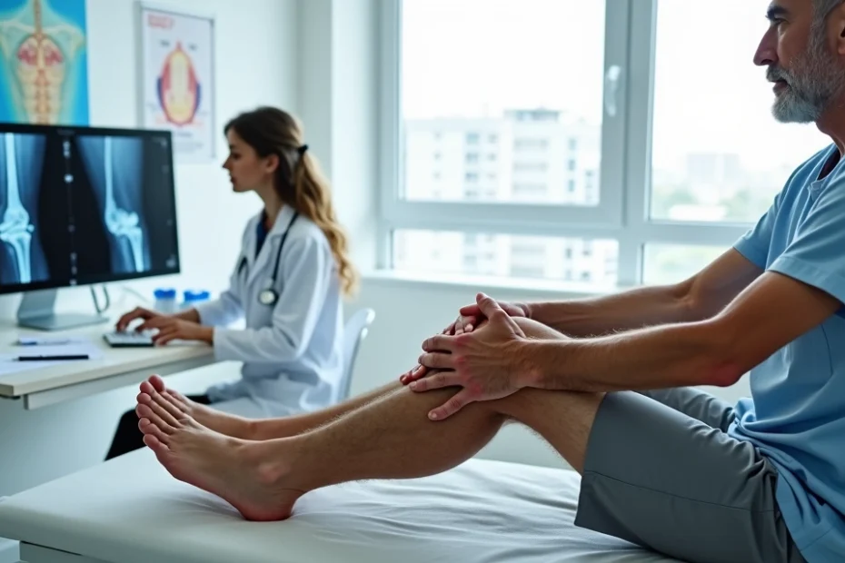 Homem segurando o joelho dolorido em consulta com médica analisando exames
