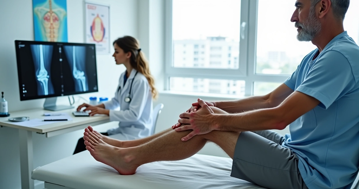 Homem segurando o joelho dolorido em consulta com médica analisando exames