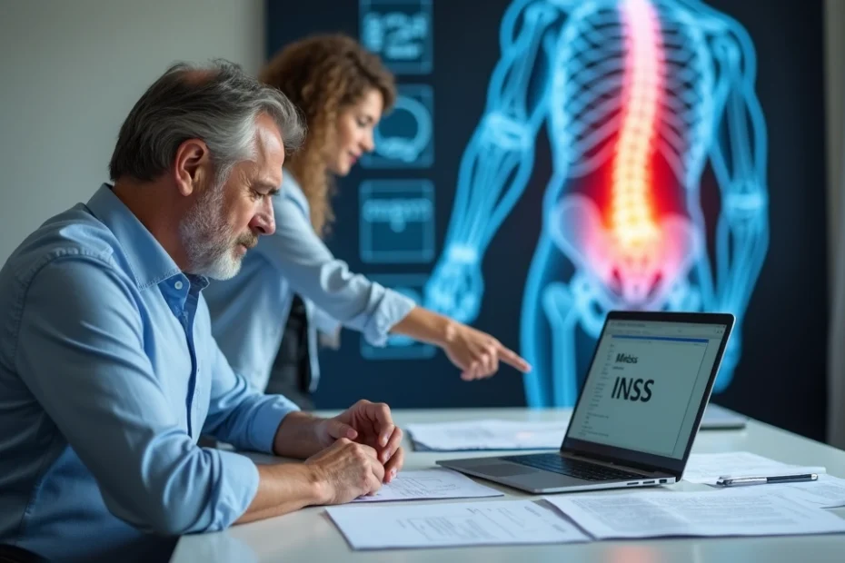 Trabalhador com dor nas costas recebendo orientação sobre benefício do INSS