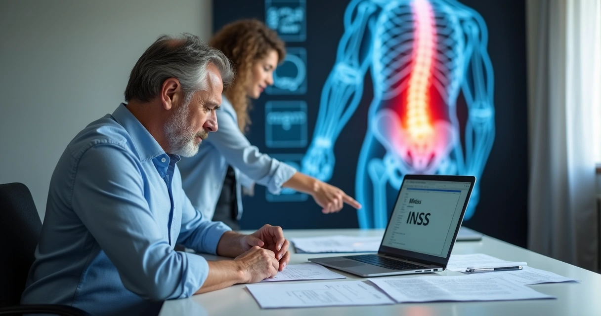 Trabalhador com dor nas costas recebendo orientação sobre benefício do INSS