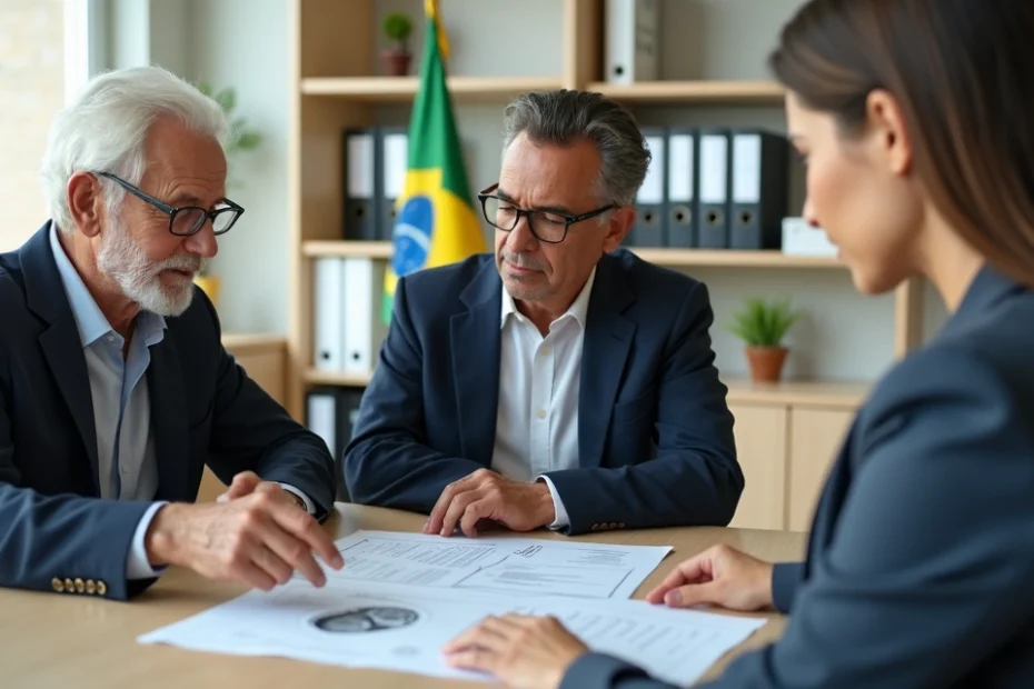 Idoso com Alzheimer acompanhado por familiar em consulta com advogado sobre benefícios do INSS