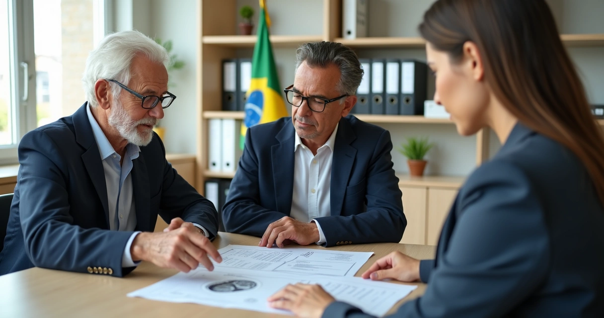 Idoso com Alzheimer acompanhado por familiar em consulta com advogado sobre benefícios do INSS