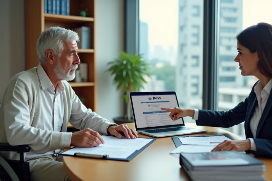Idoso em recuperação de AVC recebendo orientação de advogada sobre benefício do INSS