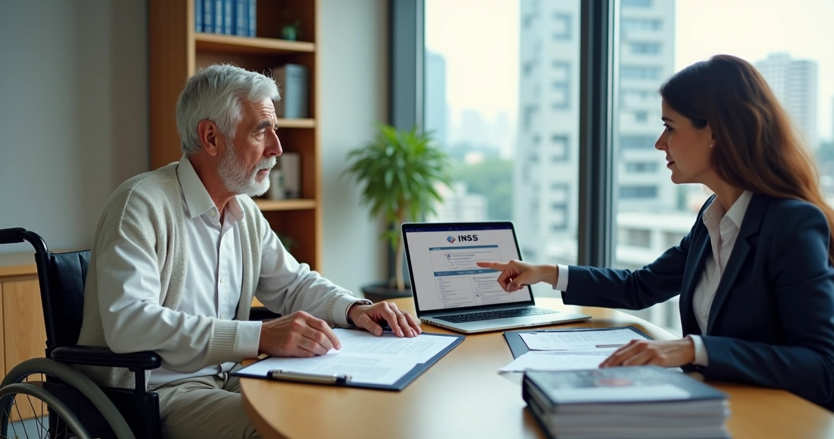 Idoso em recuperação de AVC recebendo orientação de advogada sobre benefício do INSS