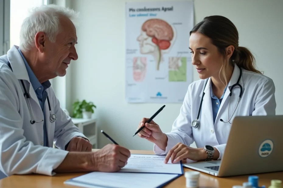 Idoso com Mal de Parkinson em consulta médica preparando documentos do INSS