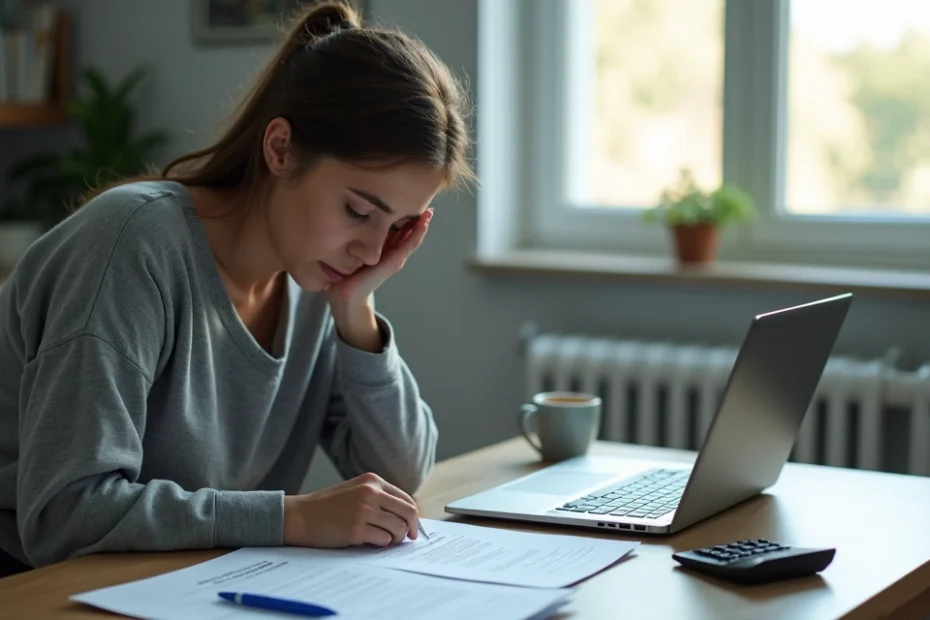 Mulher triste com documentos do INSS sobre auxílio-doença na mesa