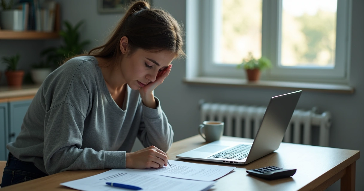 Mulher triste com documentos do INSS sobre auxílio-doença na mesa