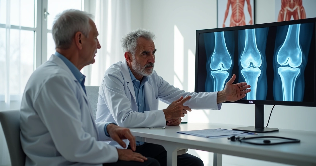 Homem com dor no joelho em consulta médica mostrando exames de gonartrose