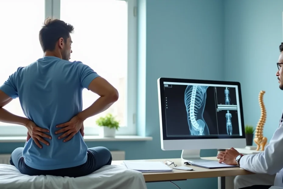 Trabalhador sentado com dor na coluna segurando as costas em consultório médico