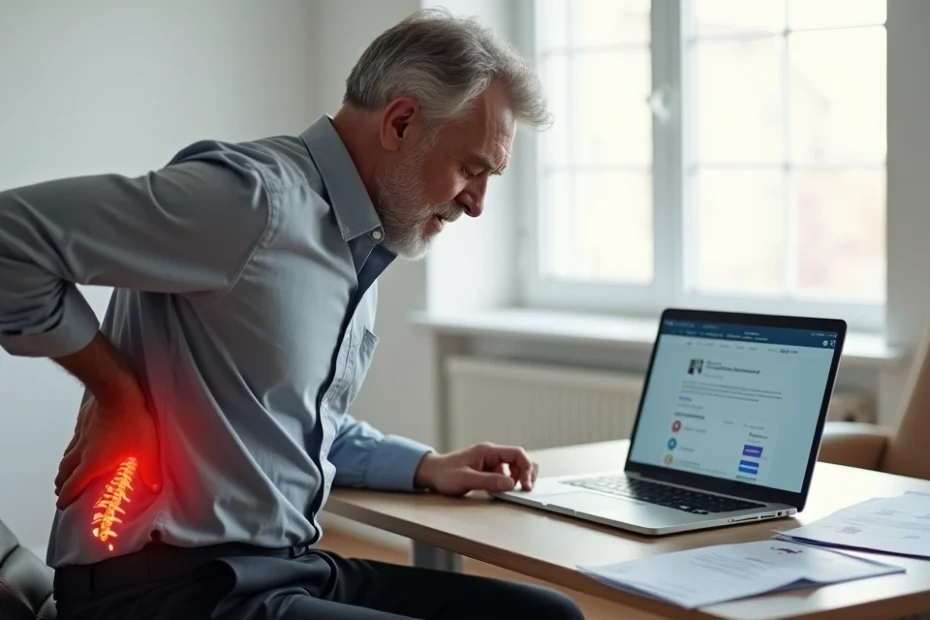 Trabalhador sentindo dor lombar intensa sentado em frente ao notebook