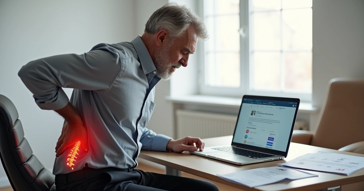 Trabalhador sentindo dor lombar intensa sentado em frente ao notebook