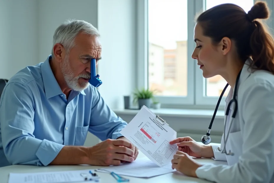Paciente com asma usando inalador em consulta com médica sobre benefício do INSS