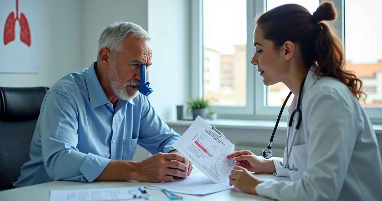 Paciente com asma usando inalador em consulta com médica sobre benefício do INSS