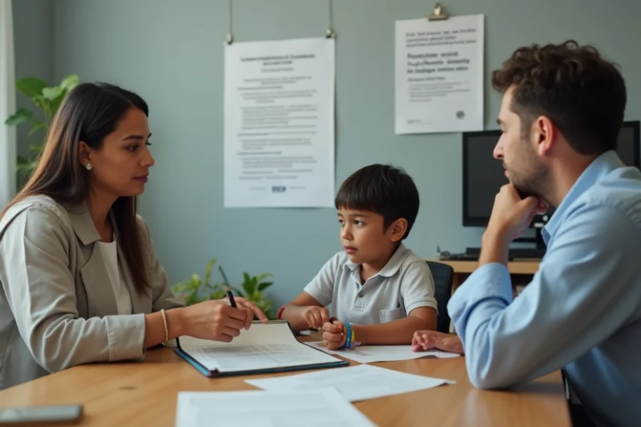 Família com criança autista em consulta sobre BPC no INSS