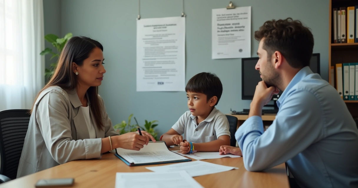 Família com criança autista em consulta sobre BPC no INSS