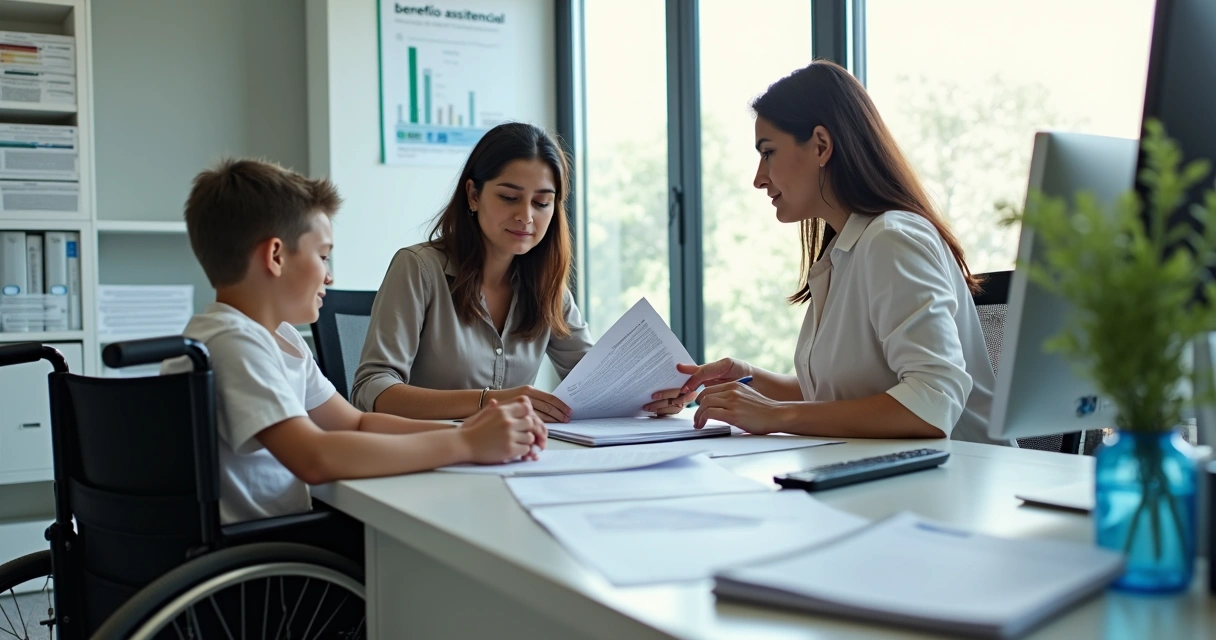 Mãe com filho em cadeira de rodas falando com assistente social em escritório do INSS