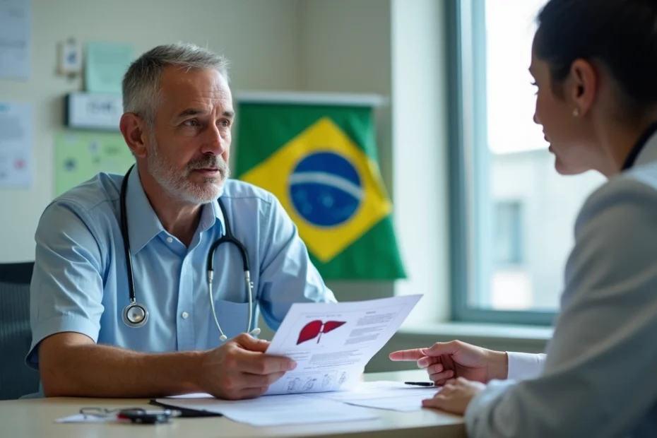 Paciente com hepatite C em consulta médica segurando documentos do INSS