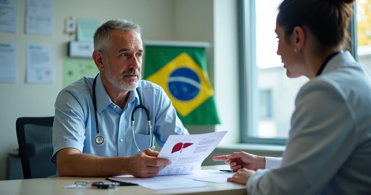 Paciente com hepatite C em consulta médica segurando documentos do INSS