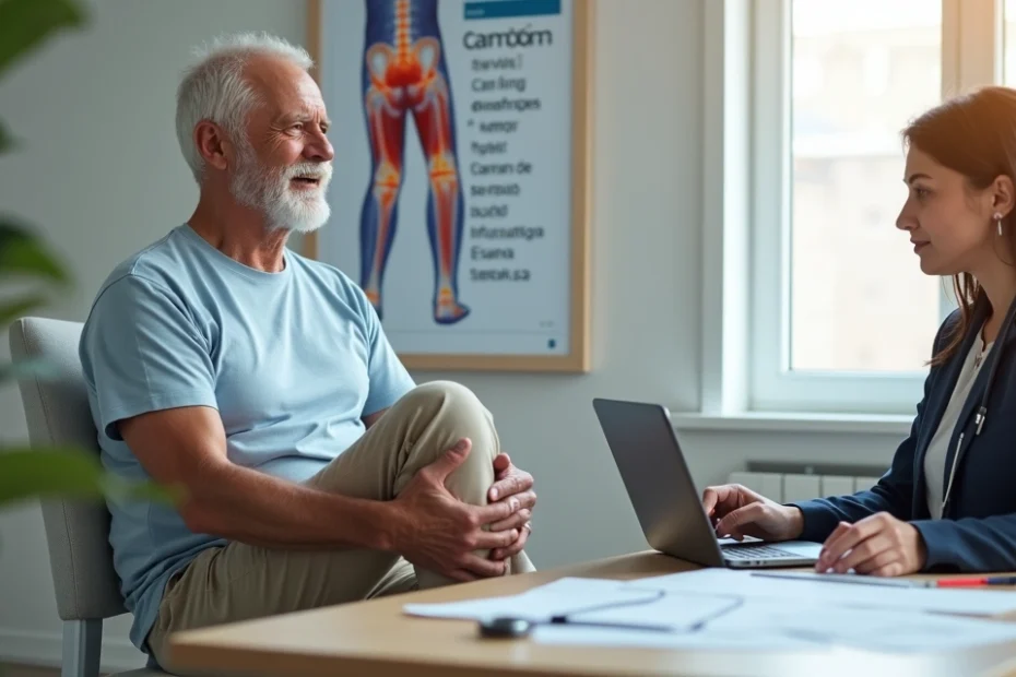 Homem idoso com dor no joelho conversando com advogada sobre aposentadoria
