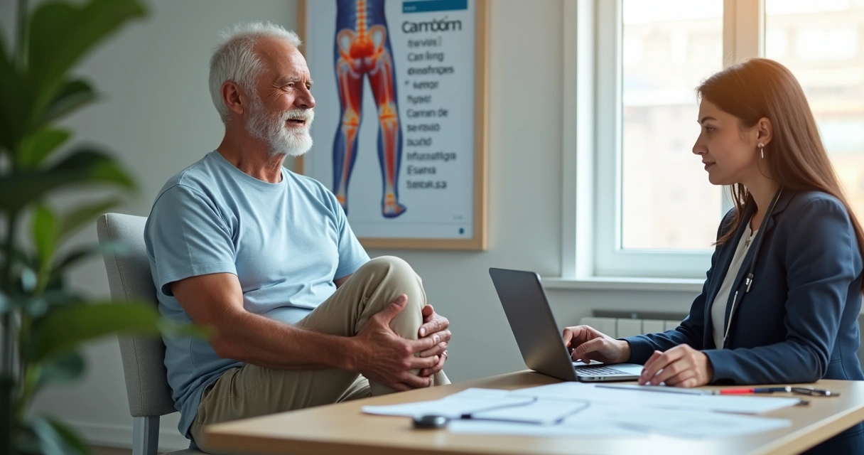 Homem idoso com dor no joelho conversando com advogada sobre aposentadoria