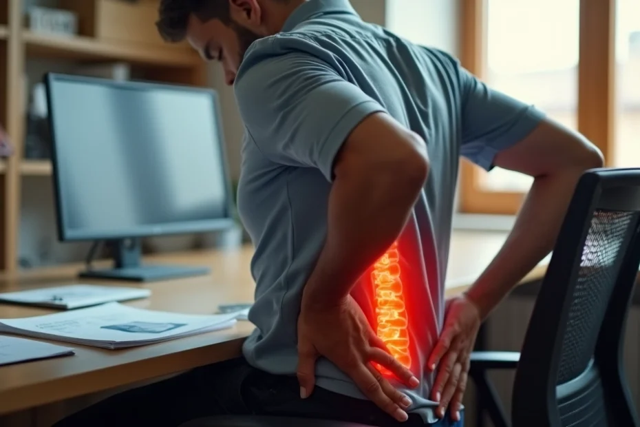 Trabalhador sentado com dor lombar segurando a região das costas em ambiente de escritório