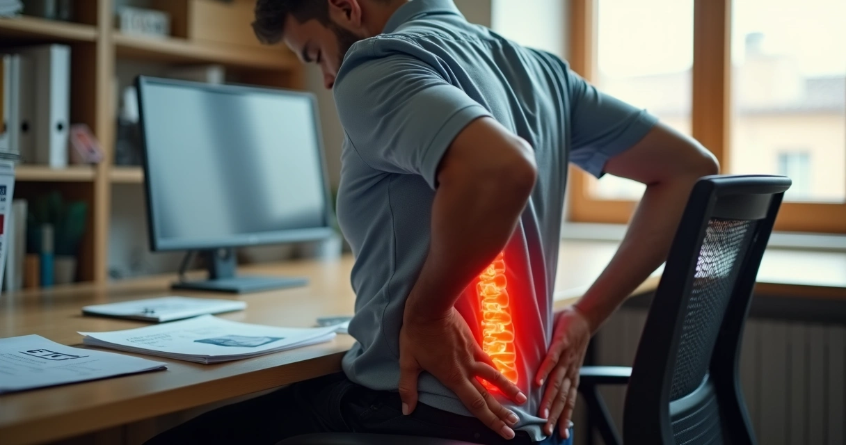 Trabalhador sentado com dor lombar segurando a região das costas em ambiente de escritório