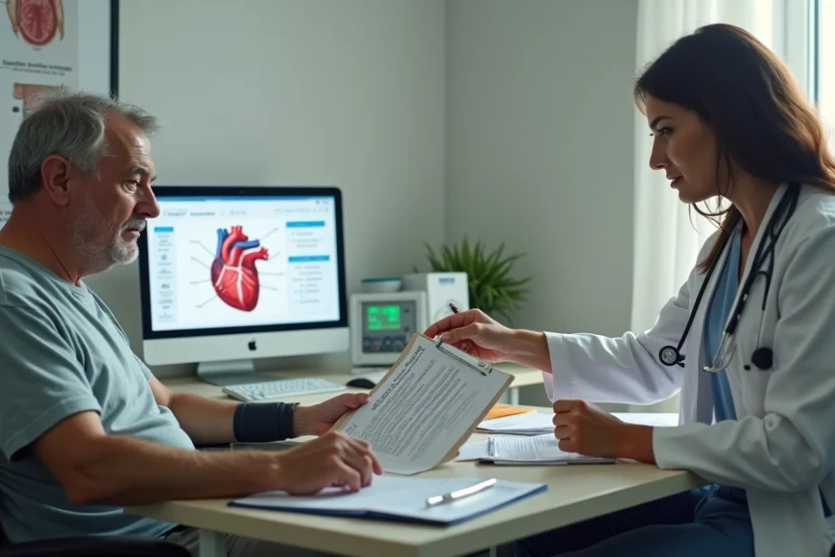 Homem de meia-idade com insuficiência cardíaca hipertensiva em consulta médica segurando exames antes de solicitar benefício do INSS