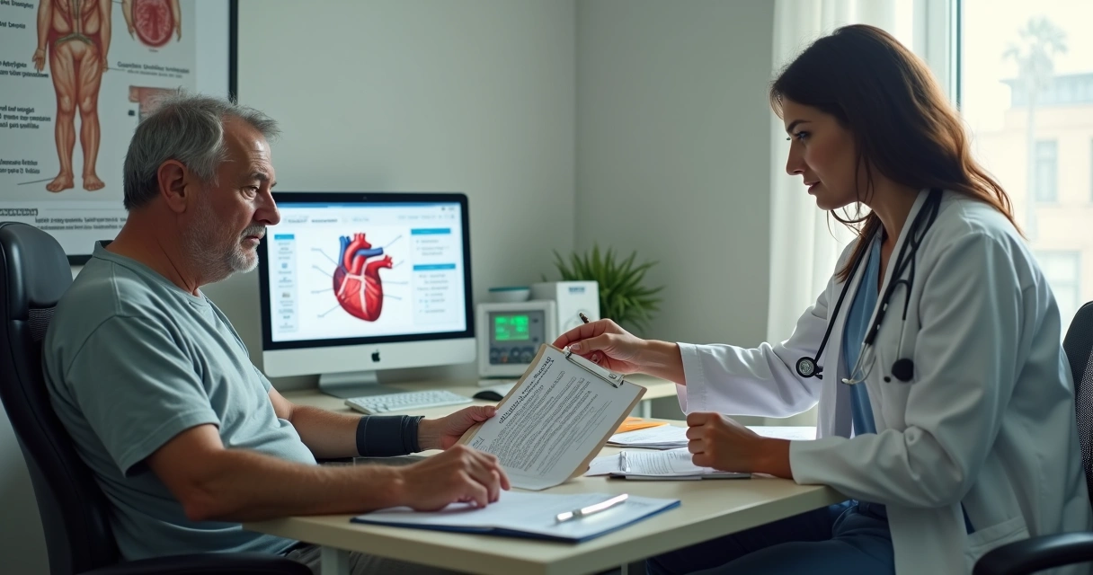 Homem de meia-idade com insuficiência cardíaca hipertensiva em consulta médica segurando exames antes de solicitar benefício do INSS
