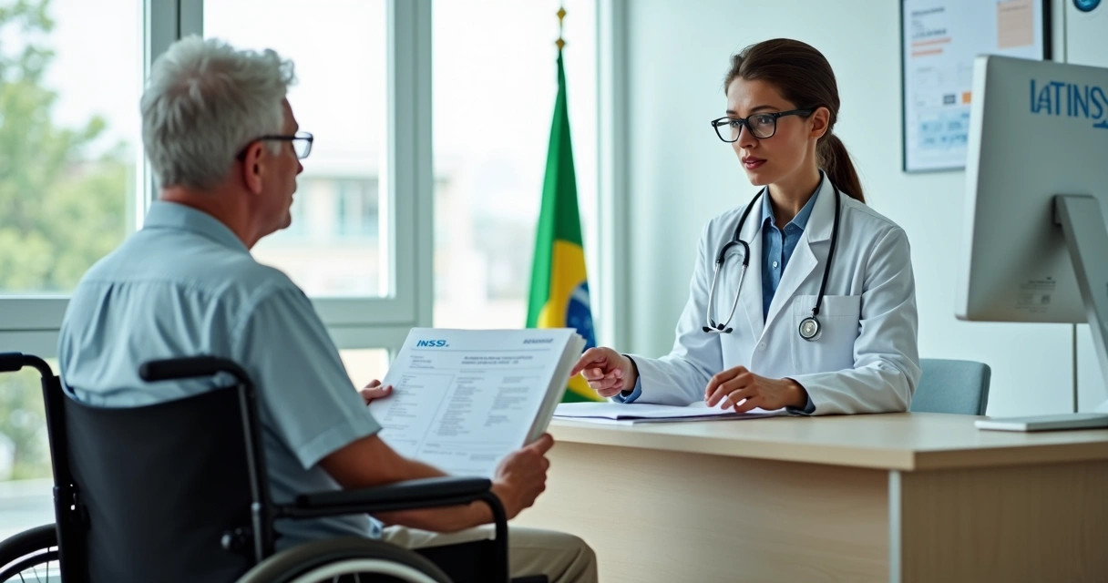 Segurado em cadeira de rodas conversando com perito médico do INSS em consultório