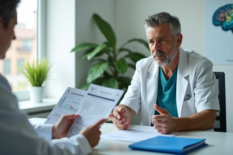 Homem pensativo em consultório médico segurando formulários do INSS