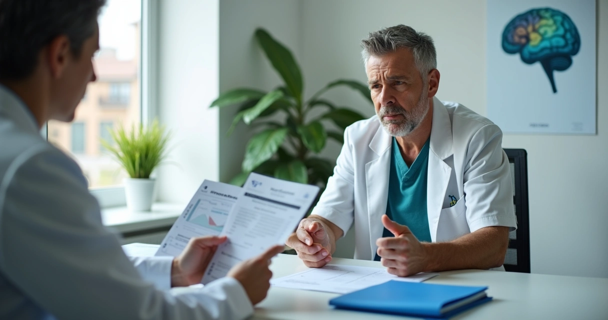 Homem pensativo em consultório médico segurando formulários do INSS