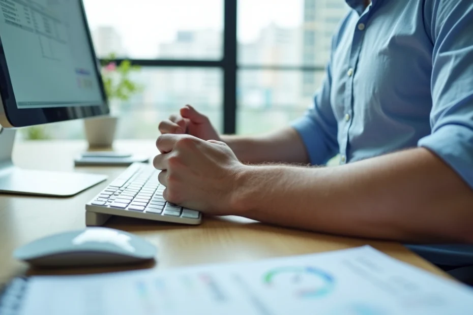 Trabalhador de escritório segurando o punho com dor enquanto digita no computador