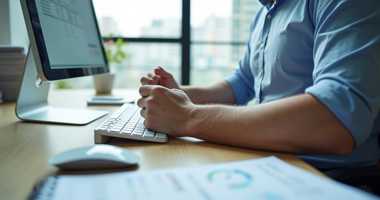 Trabalhador de escritório segurando o punho com dor enquanto digita no computador