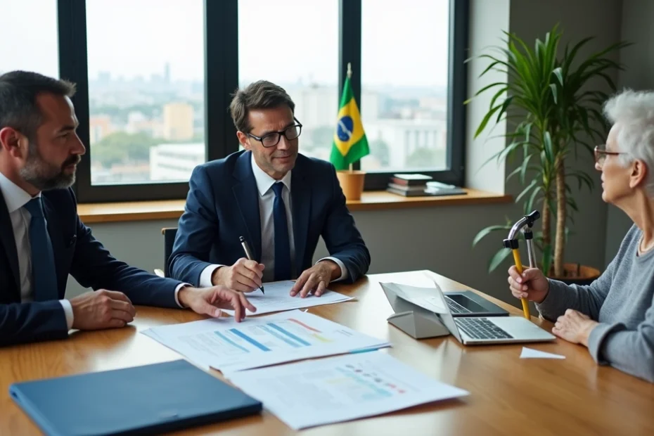 Advogado previdenciário mostra documentos do INSS a trabalhador e idosa em reunião