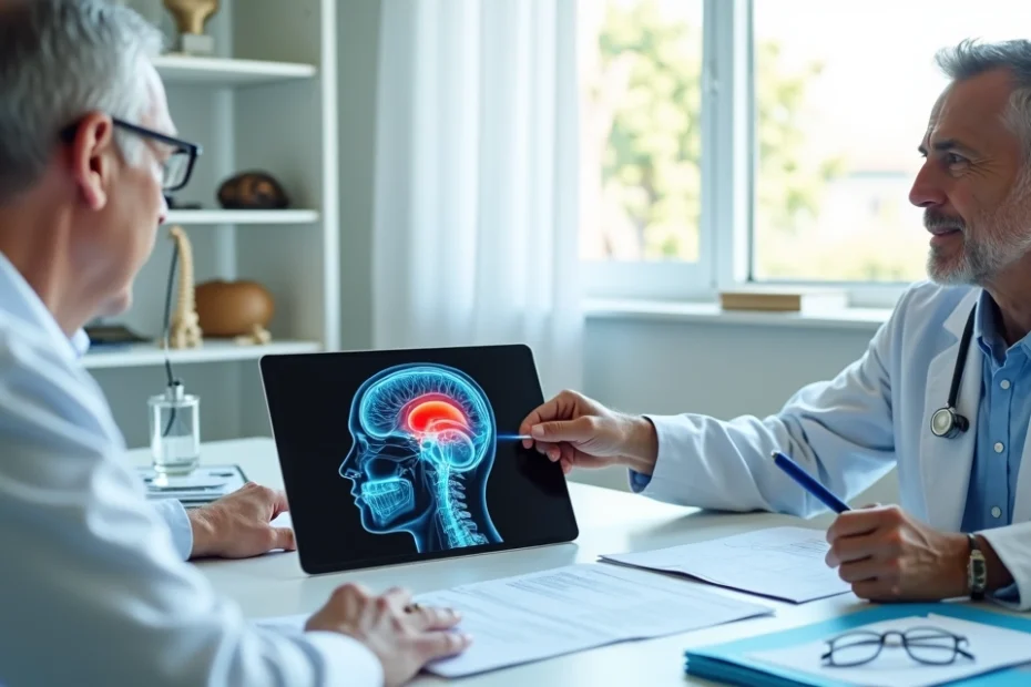 Médico mostra ao paciente ilustração de aneurisma cerebral ao lado de formulário de benefício do INSS