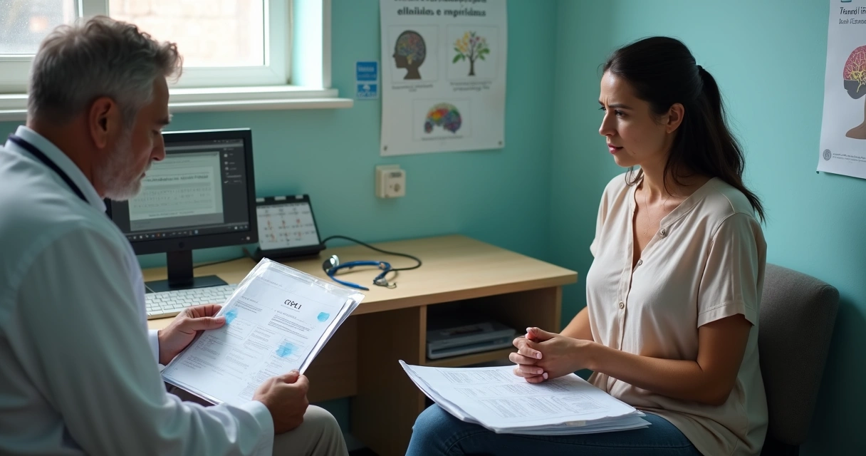 Mulher preocupada conversa com psiquiatra sobre tratamento e benefício do INSS