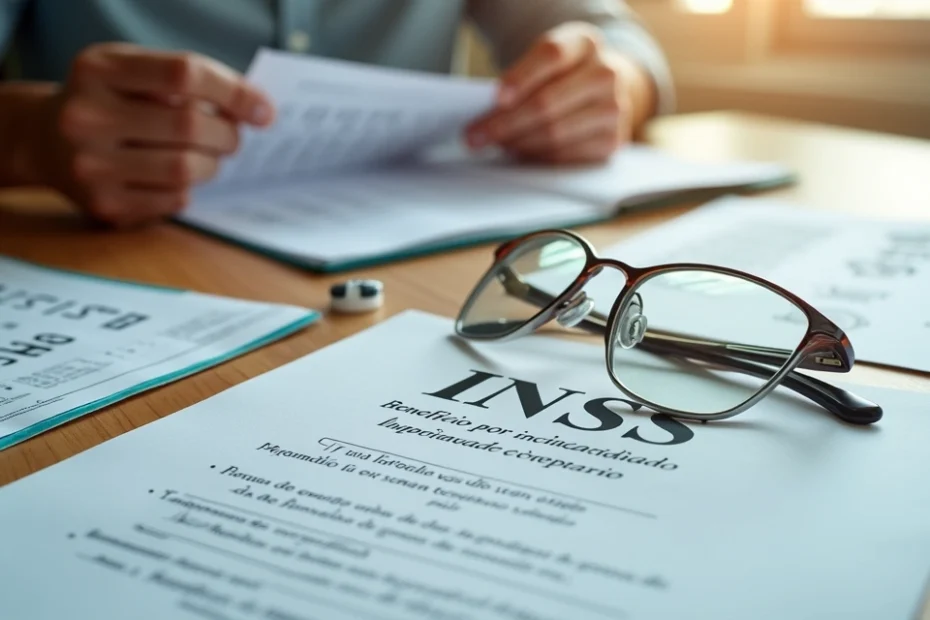 Pessoa lendo documento sobre INSS com óculos ao lado de exame de vista